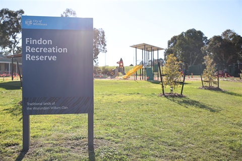 Playground with sign saying Findon Recreation Reserve