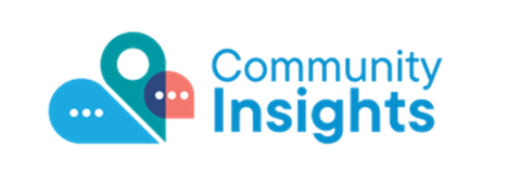 The words ‘Community Insights’ beside logo made of beside two speech bubbles and a location pin.