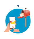 Blue circle with a hand holding a smart phone and touching the screen, and an open red letterbox with mail.