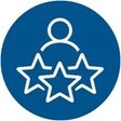 Blue circle with white icon of a person's outline above three stars.