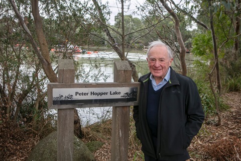 Peter Hopper, the former long-serving shire engineer who the lake is named after, checks in on the project’s progress.