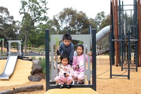 Three children playing on playground equipment at Riverside Reserve