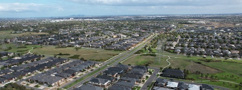 Aerial view of sprawling suburbs.