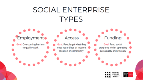 Slide shows the social enterprise types: employment, access and funding.