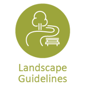 Circular icon contains a line drawing showing a tree and a path leading to a park bench. It is white on an olive green background. Beneath is written 'landscape guidelines'.