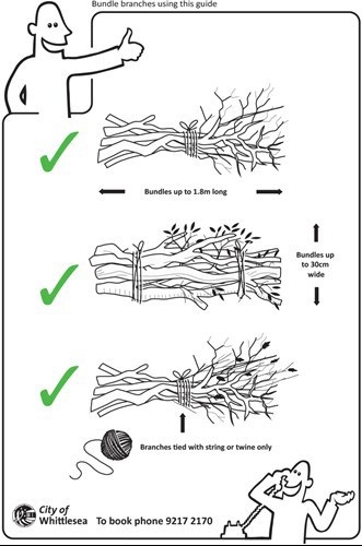Outline of a person smiling and giving thumbs up above images of steps to bundling branches. Text says bundles up to 1.8m long, 30cm high and tied with string. Line drawing of person at the bottom is smiling and on the phone.