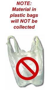 Plastic bag with a red cross through it. Text reads: Note. Material in plastic bags will not be collected.