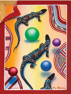 Aboriginal artwork depicts three lizards and four coloured spheres. The work features patterned designs at the edges.