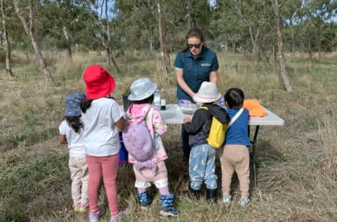 Children participate in a nature-based learning activity outdoors.